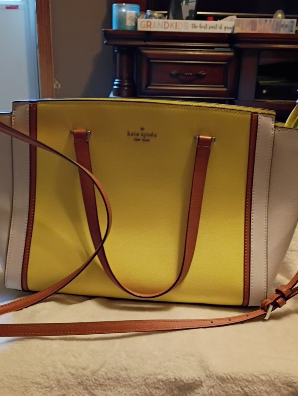 kate spade Yellow and Cream Colorblock Leather Tote with Tan Straps